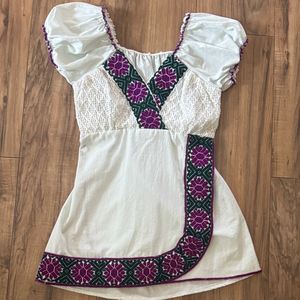 White Embroidered Puff Sleeve Tunic with Purple & Green Trim